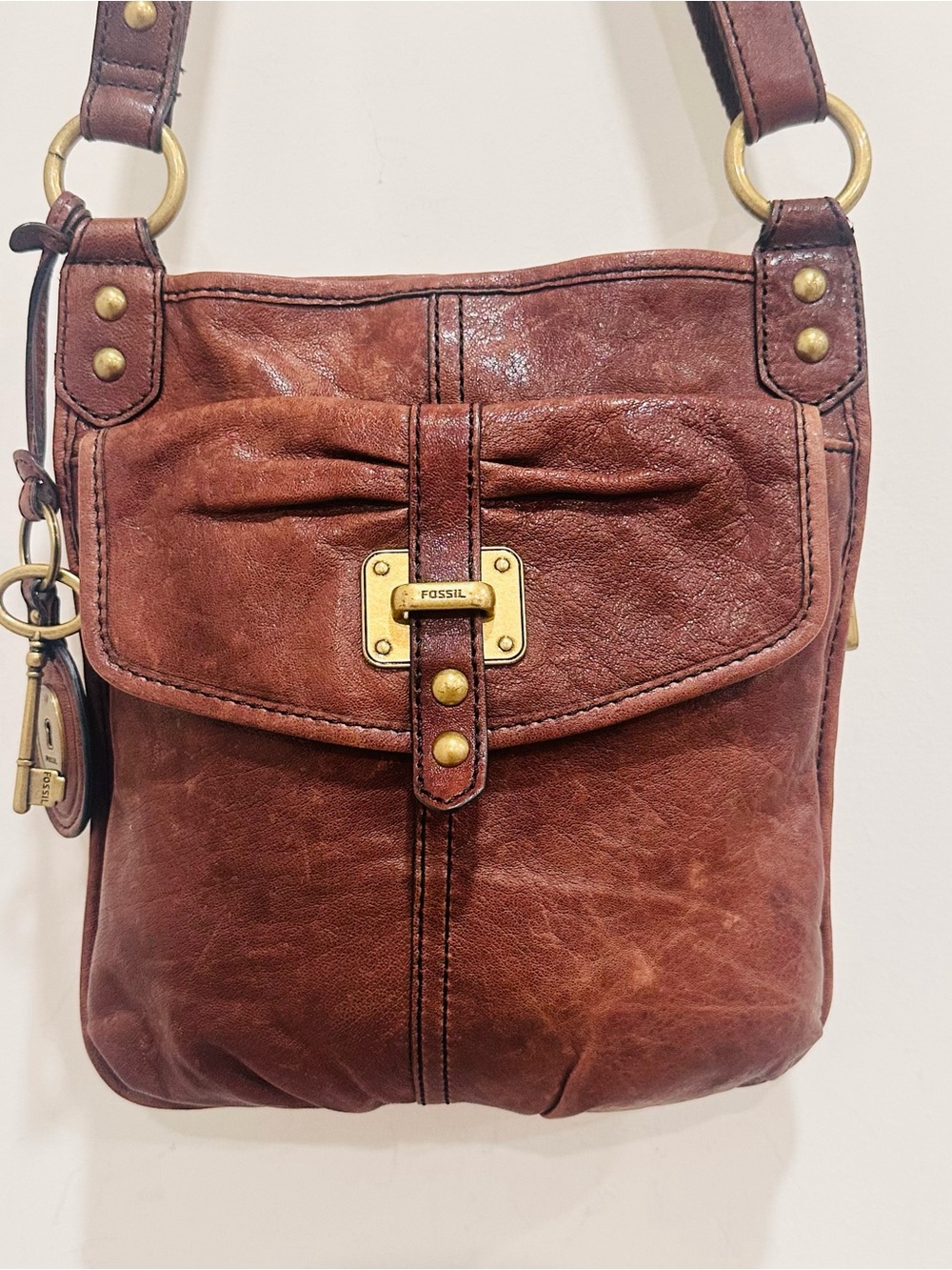 Fossil Long Live Vintage Maddox Brown Leather Crossbody Shoulder Bag Purse Key